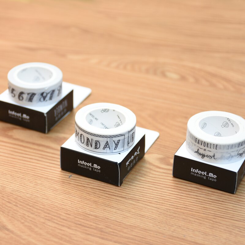 Washi Tape-paquete de 3 rollos para planificador, pegatinas para álbum de recortes, número de mes y semana, 1,5 cm x 7m, negro y blanco
