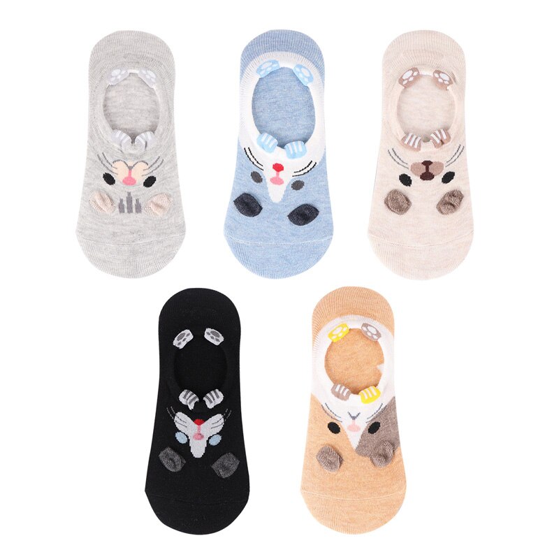5 Pairs Lot Cotton Women Socks Female Casual Boat 3D Pack Cartoon Harajuku Cat Cute Heart Invisiable Funny Girl Ankle Sock Set: type 13