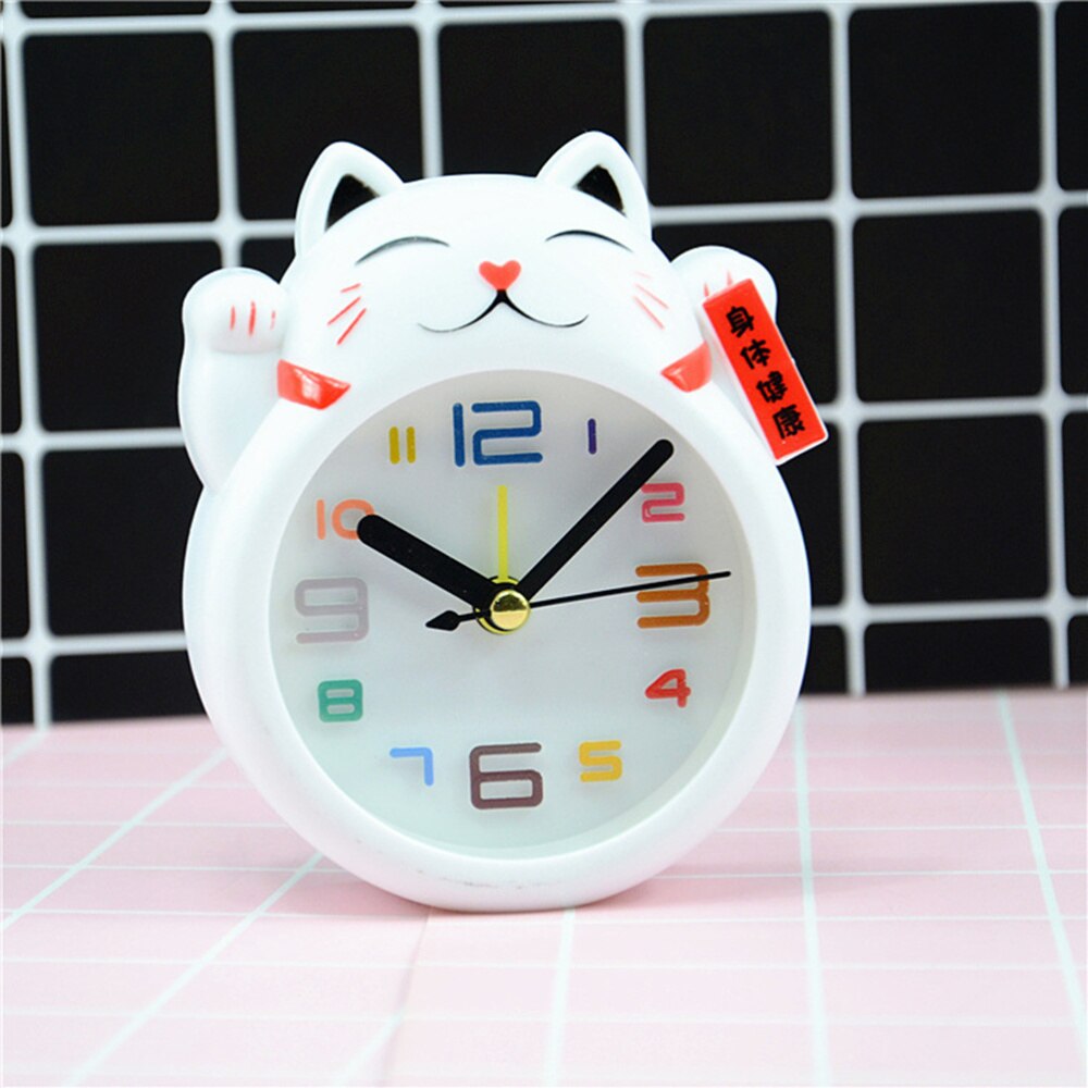 1pc Lucky Cat Alarm Clock Desk Clock Cute Cartoon Cat Shape Alarm (White without Battery Random Font Style)