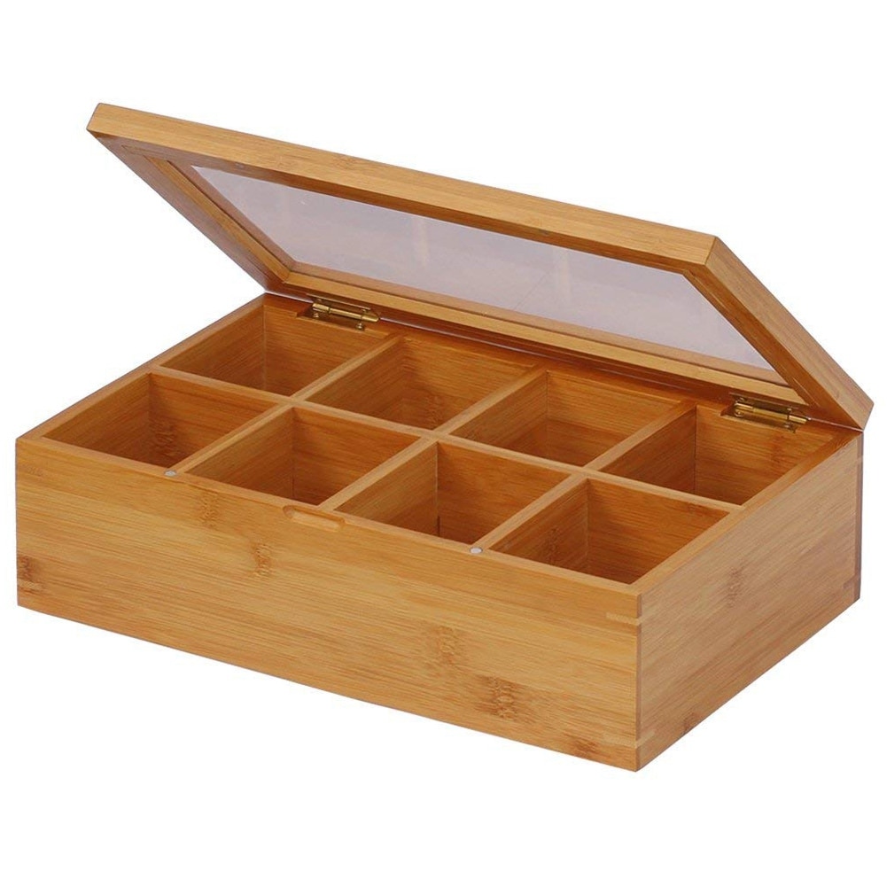 ! Bamboo Tea Box Storage Organizer, Taller Size Holds 120+ Standing or Flat Tea Bags, 8 Adjustable Chest Compartments