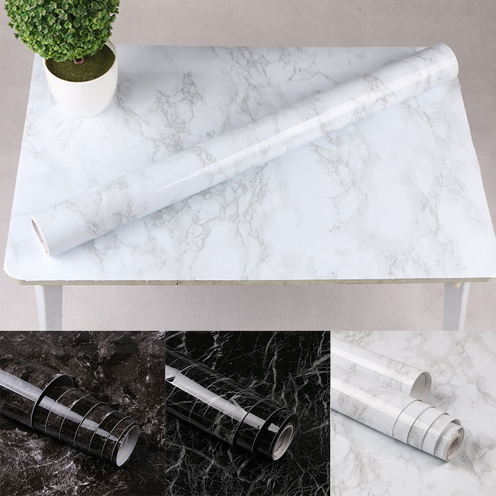 Glossy Black White Self Adhesive Marble Sticky Back Plastic Vinyl Film Kitchen