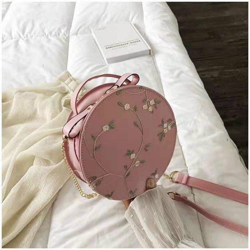 Sweet Lace Ronde Handtassen Pu Leer Vrouwen Crossbody Vrouwelijke Kleine Verse Bloem Ketting Schoudertassen