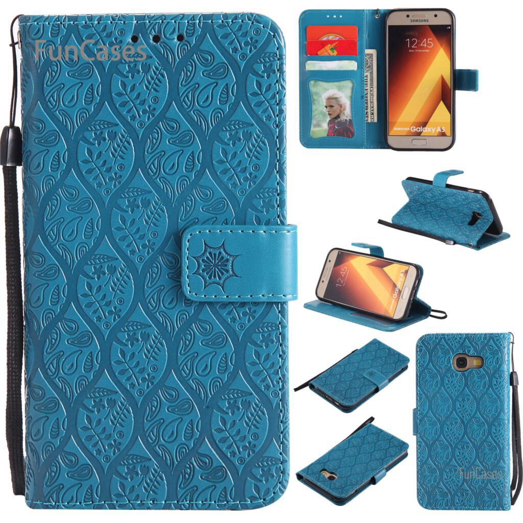 Funda con tapa en relieve de vid para Ajax Samsung A5 funda de teléfono de cuero de poliuretano Vintage funda de diamantes de imitación para Samsung Galaxy A520 Tok: Blue