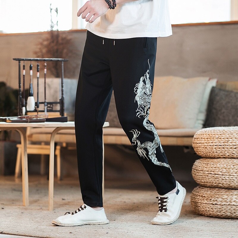 Men Casual Chinese Style Pants Dragon Embroidery Loose Trousers Summer Japanese Elastic Waist Harem Pants Streetwear