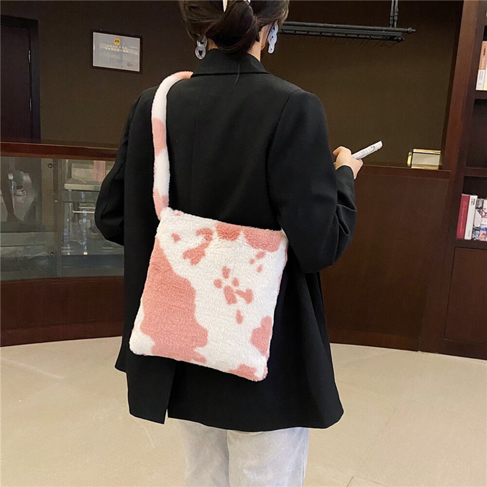 Leopard Print Crossbody Bags For Women Autumn Winter Plush Soft Shoulder Messenger Bags Ladies Fluffy Handbag And Purse: pink cow  2