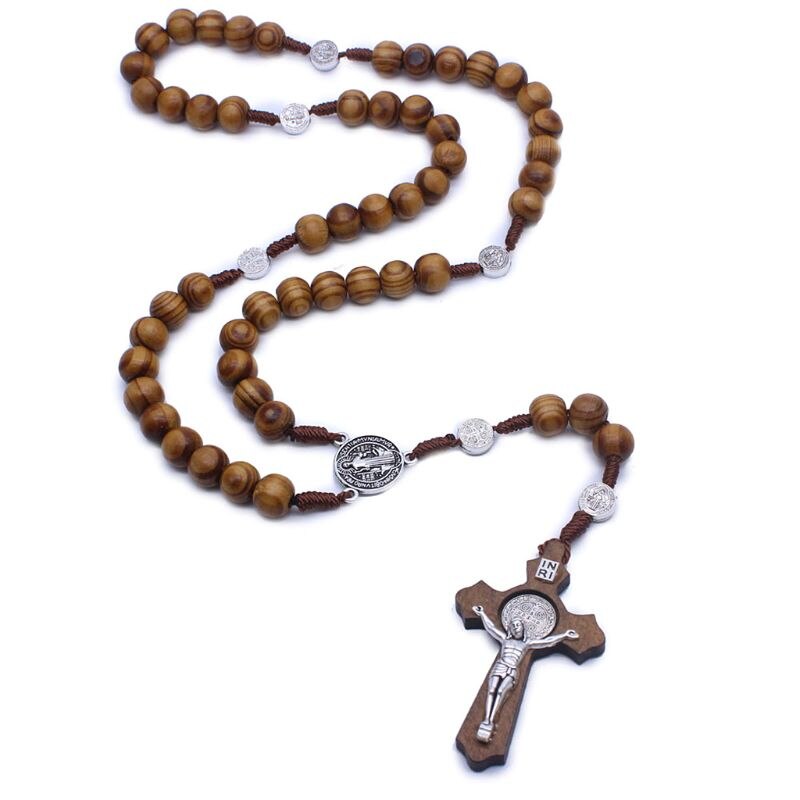 Mode Handgemaakte Ronde Bead Katholieke Rozenkrans Kruis Religieuze Hout Kralen Mannen Ketting Charm