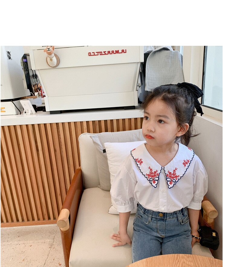 Camisa de algodón Floral para bebé, blusa con cuello vuelto con bordado de flores para niña pequeña, Tops de manga corta a cuadros de algodón para niño, ropa