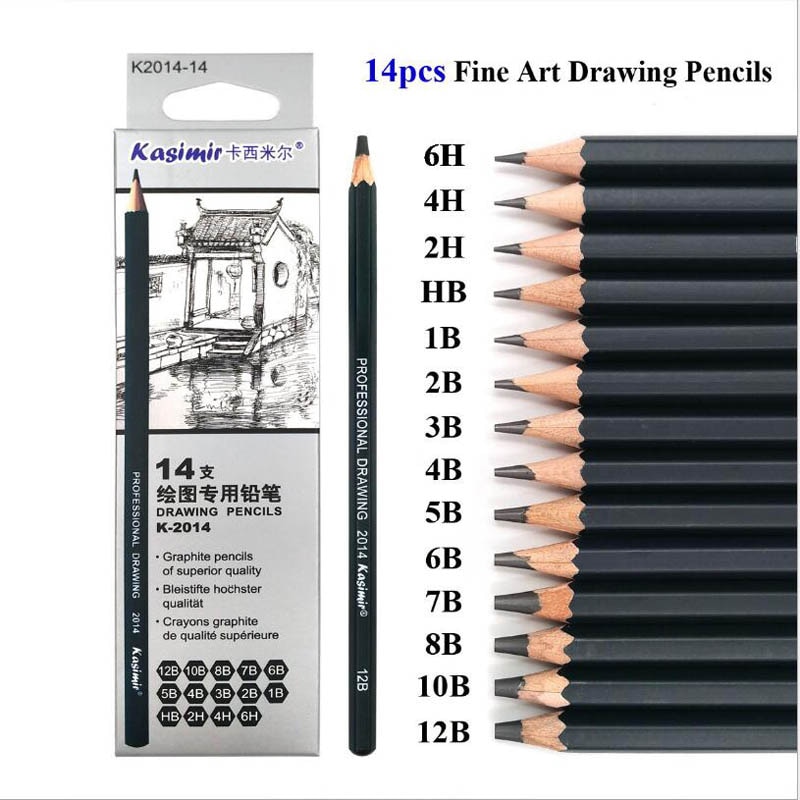 14 unids/set, dibujo a lápiz conjunto de materiales de arte duro/Medio/dibujo lápices de carbón pintura arte papelería
