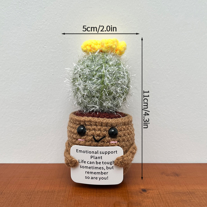 Flor de ganchillo hecha a mano, adorno de lana tejido en maceta de girasol, decoración divertida para aliviar el estrés con tarjeta positiva: Multicolor