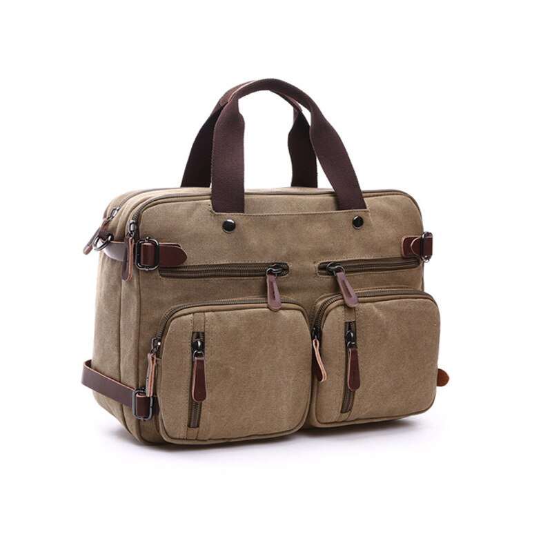 Casual Canvas Bag Business Briefcase Hand Shoulder Three-purpose Bag Large Can Put 17-Inch Laptop: Kaki Small