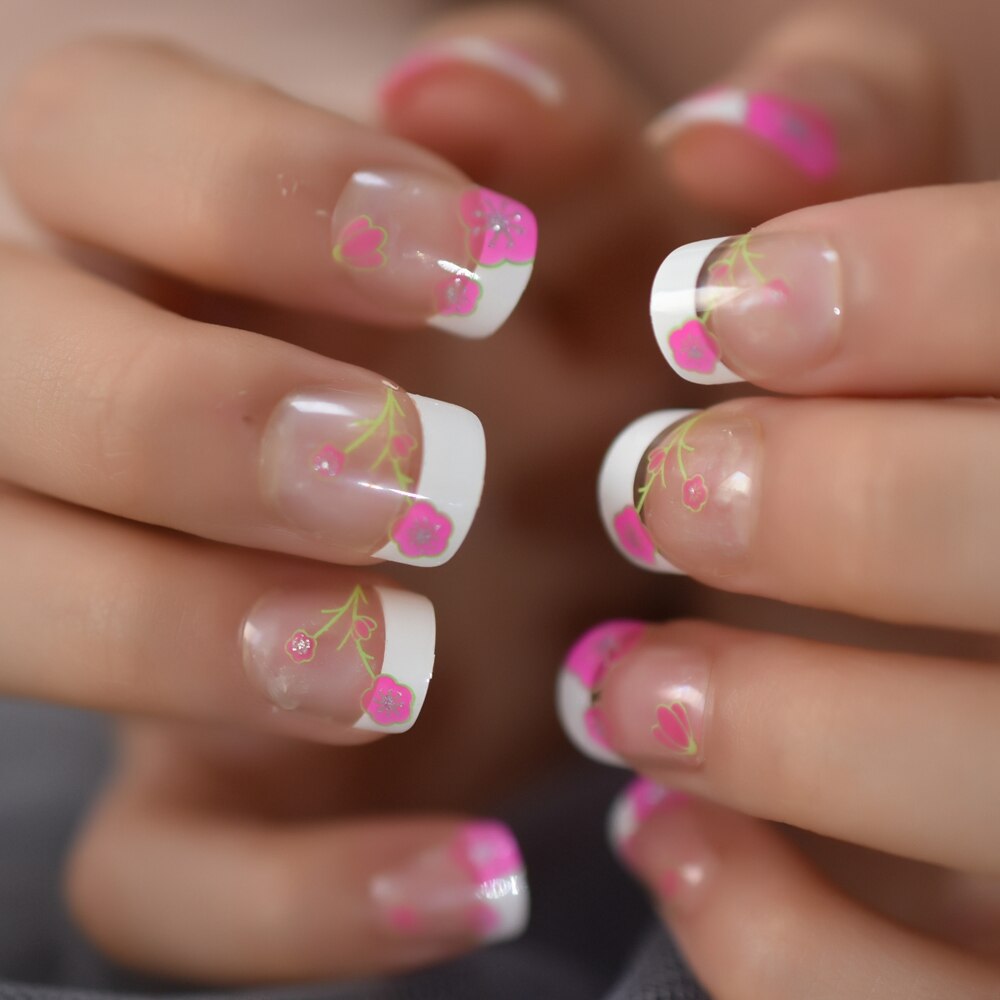 Fleur français ongles Art conseils blanc Transparent enfants faux ongles petite taille étudiant avec fleur décorative: L5557