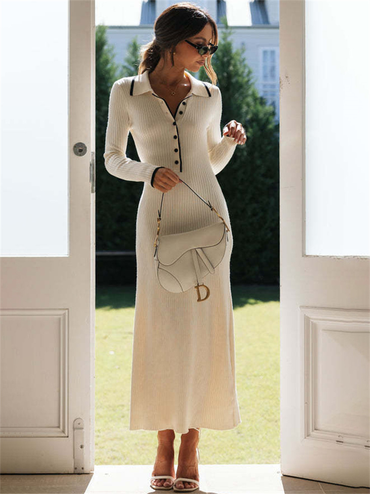 Tossy Female Slim Knit Maxi Dress Patchwork Lapel Contrast Casual Dress High Waist Knitwear Party Dress Autumn Outfit: S