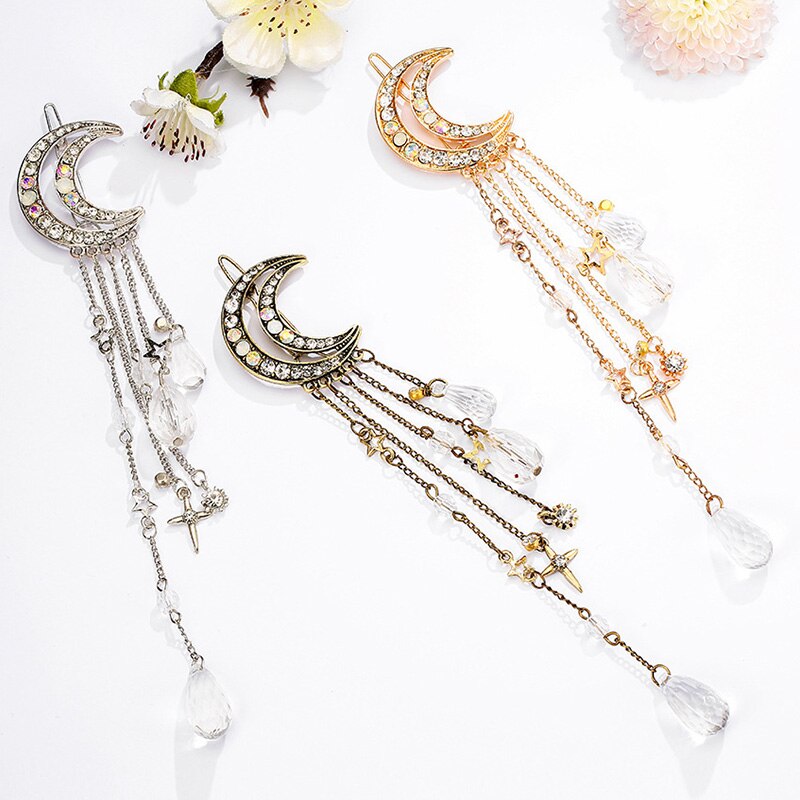 Moon Rhinestone Hair Clip - Crystal Tassel Chain Hairpin - Metal Pearl Hair Jewelry Accessory