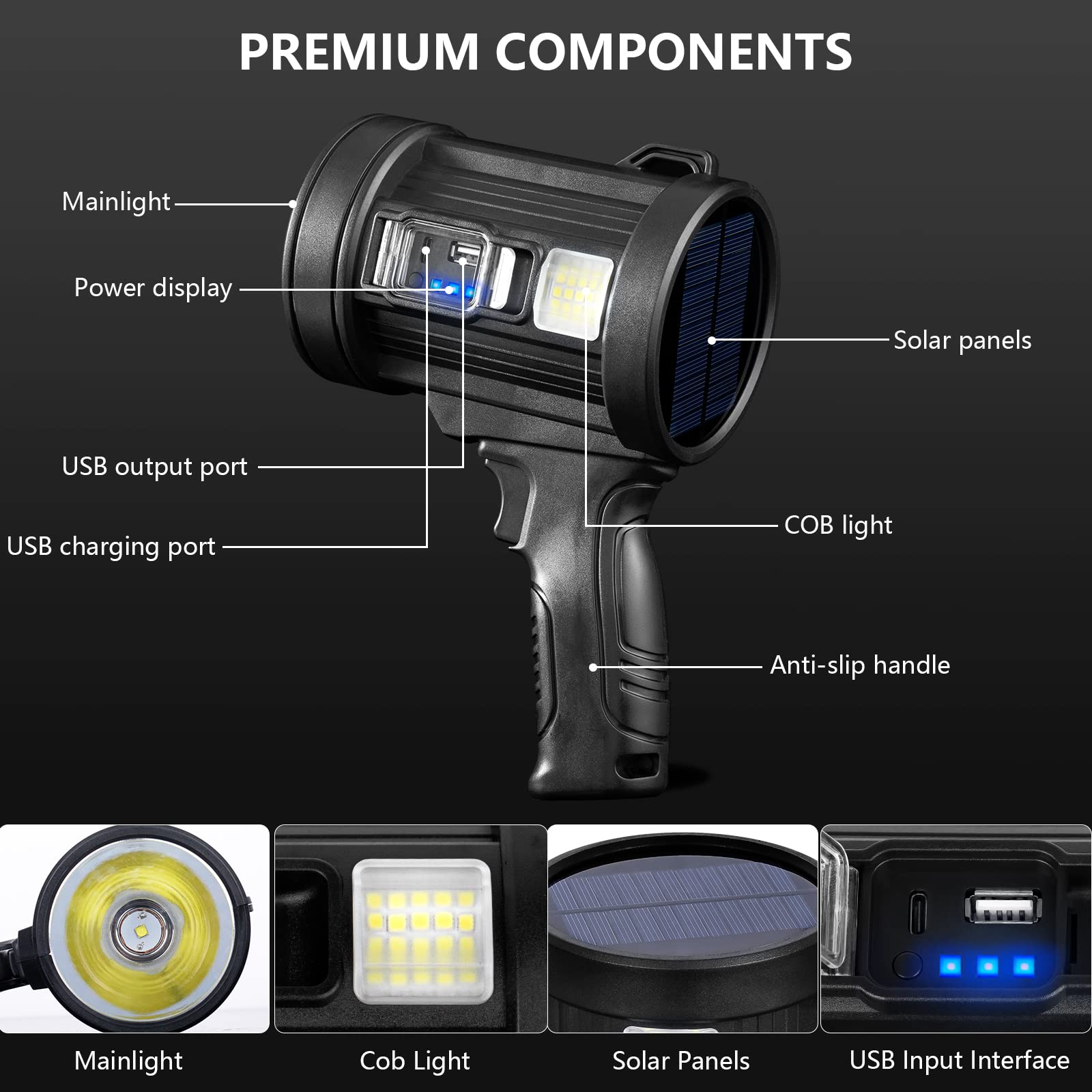 Projecteur Rechargeable, lampe de poche de chasse portative 1000,000 Lumens, Spot Led avec lumière Cob et panneaux solaires pour le Camping