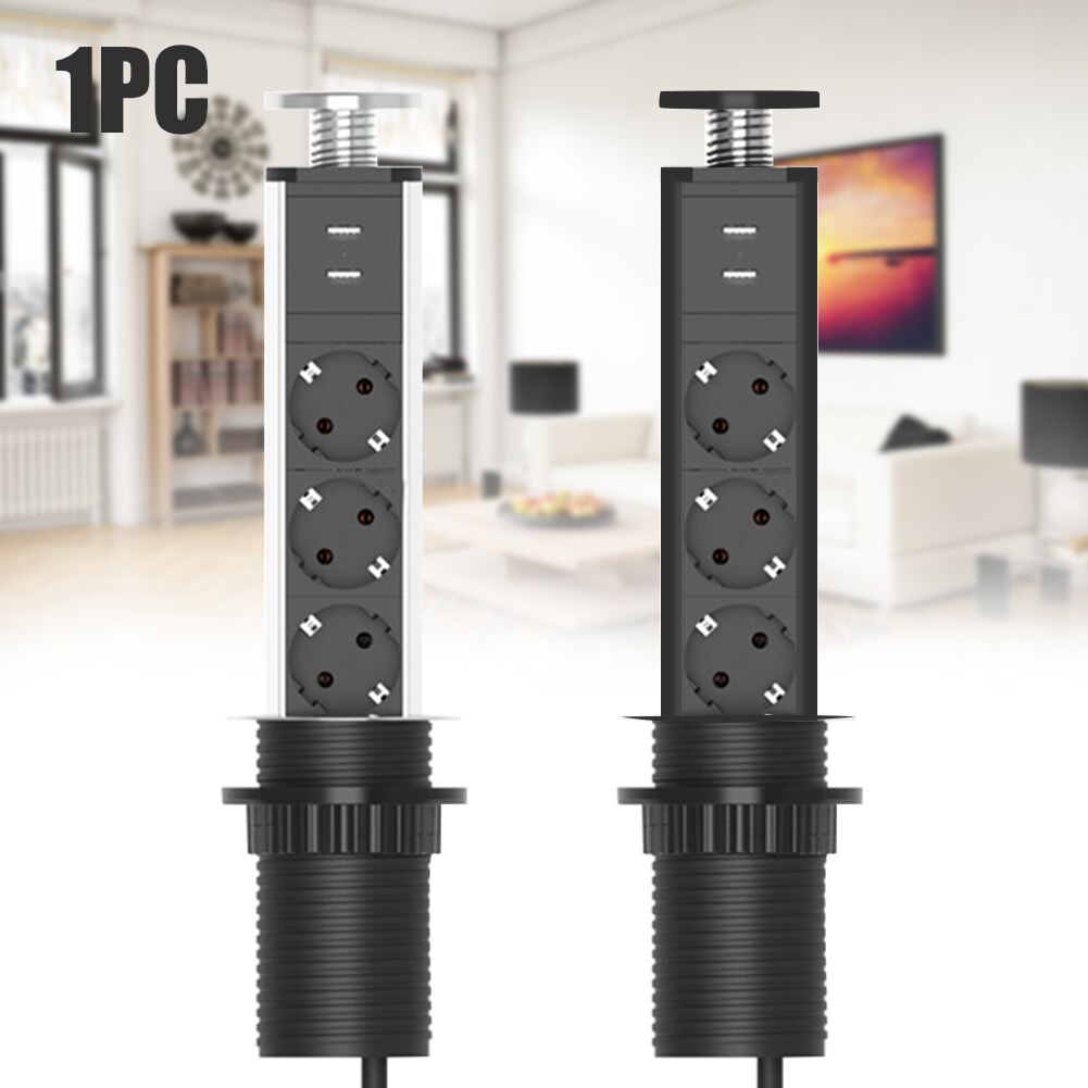 Desktop Socket Recessed Retractable Baby Proof Aluminum Alloy Charging Station 2 USB Port Office Power Outlet 3 AC Plugs