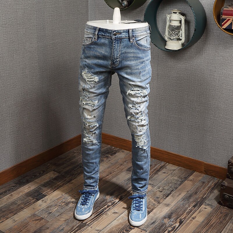 high street mænd jeans lyseblå malede rippede jeans mænd bukser patchwork hip hop jeans – Grandado