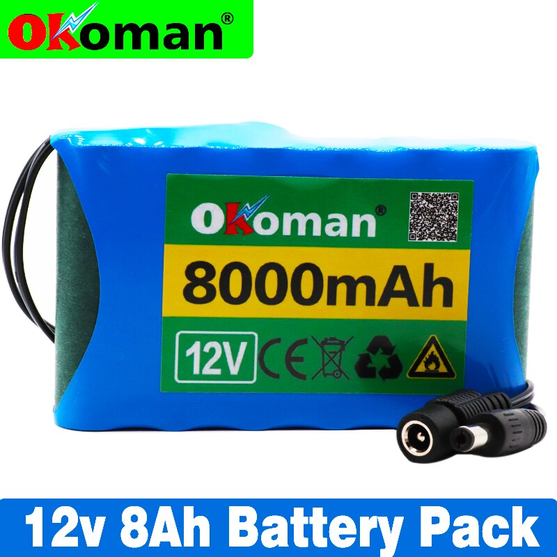 Okoman – batterie Lithium-Ion Rechargeable 12V, 8ah 18650, capacité DC 12.6V, 8000mAh, pour moniteur de caméra de vidéosurveillance
