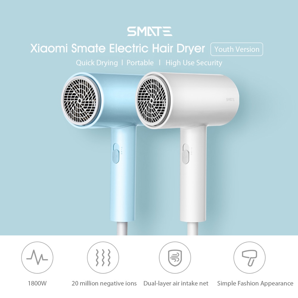 Xiaomi Smate Hair Dryer 1800W Hairdryer 3 Gears Negative Ions Dual-layer Air Intake Net Overheating Quick-drying Hair Tools 220V