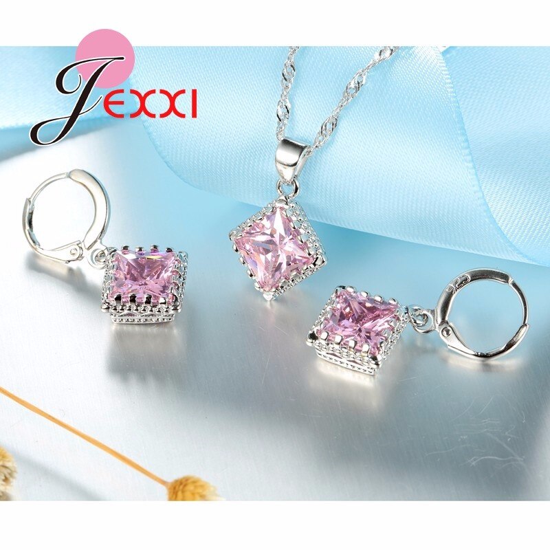 Top Sparkly Vierkante Zirconia Sieraden Set 925 Sterling Zilveren Ketting & Earring Sets Voor Vrouwen Huwelijkscadeau