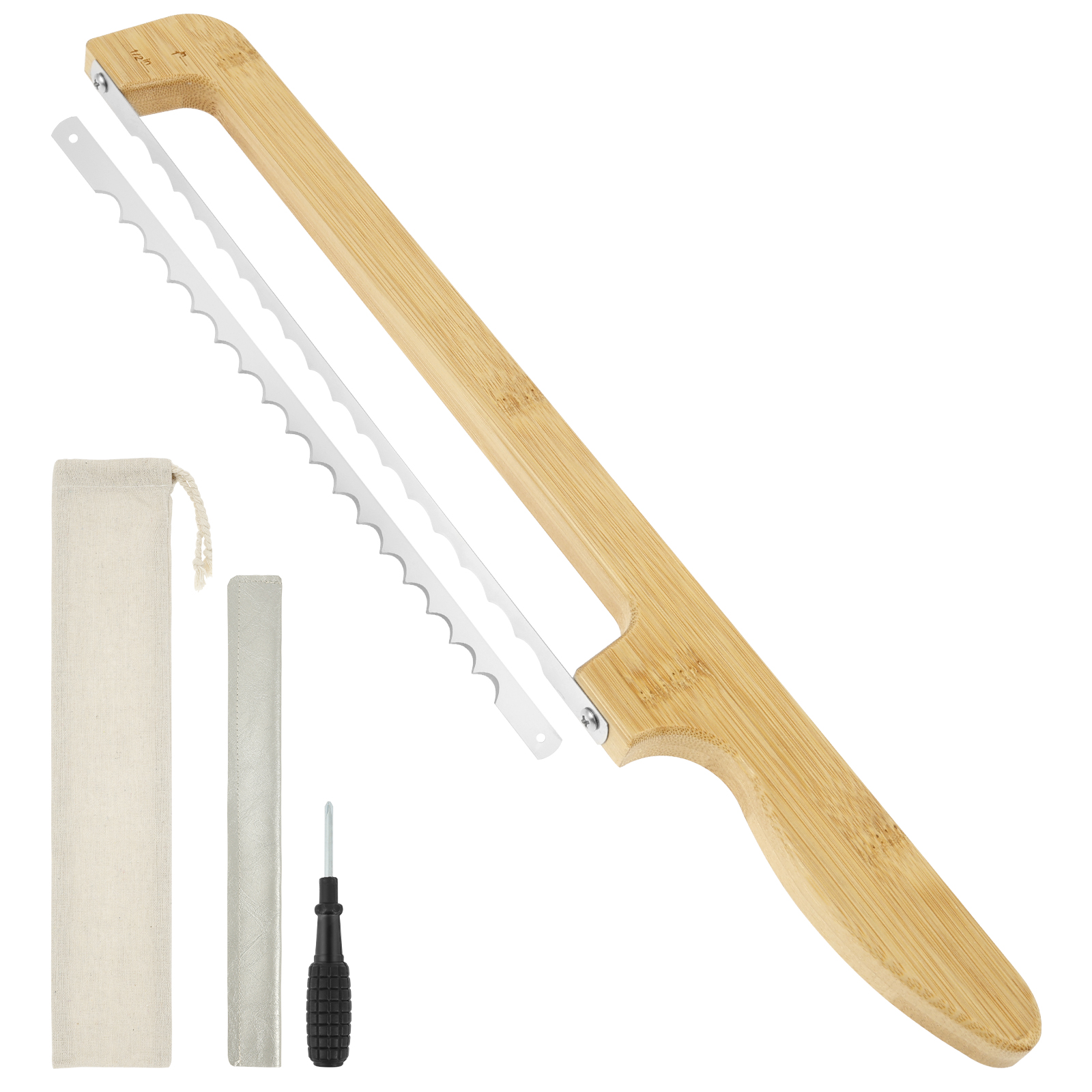 Wood Sourdough Bread Knife Slicer with Blade Protector and Storage Bag Serrated Bow Bread Knife with Handle for Even Slicing: Default Title