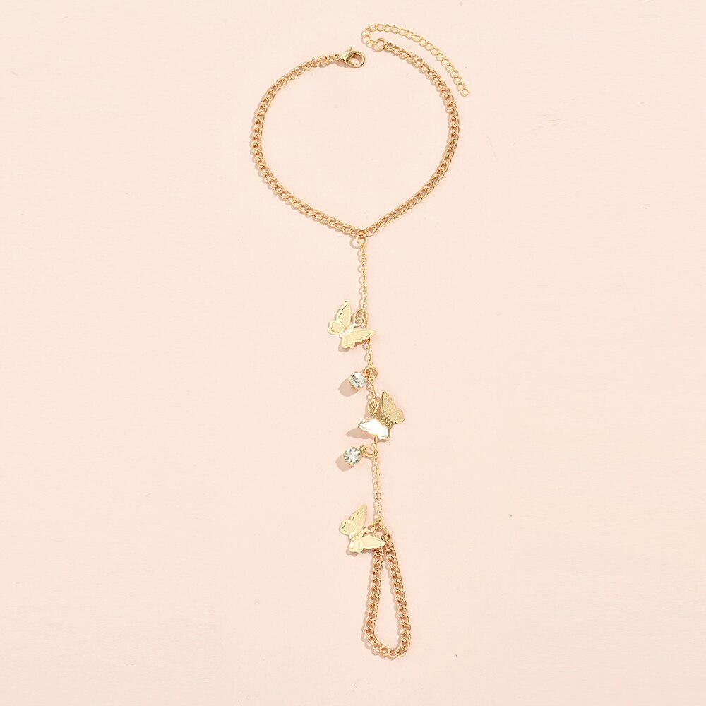 Neue Trendy Schmetterling Kette Finger Armbänder Weibliche Gold Farbe Armband Link Ring Hand Harness Schmuck Hochzeit Partei