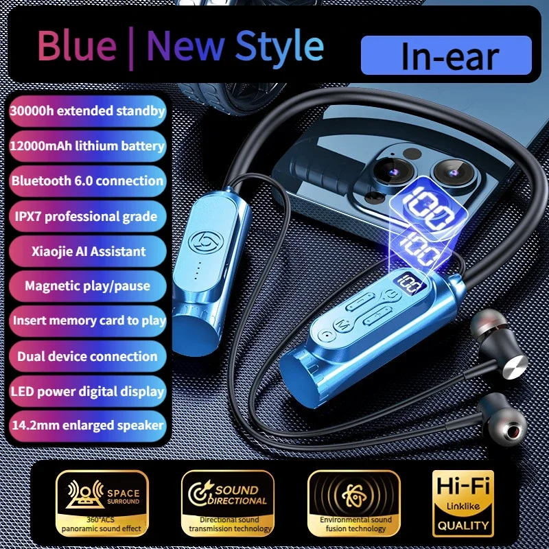 Drahtlose Kopfhörer Nacken büGel Kopfhörer Spielen LED-Anzeige Stereo Sport Headset Halfter wasserdichte magnetische Ohrhörer: Blau