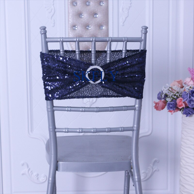 SH022F factory price many colors wedding decoration antique gold sequin chair band chair sash with buckle: navy blue