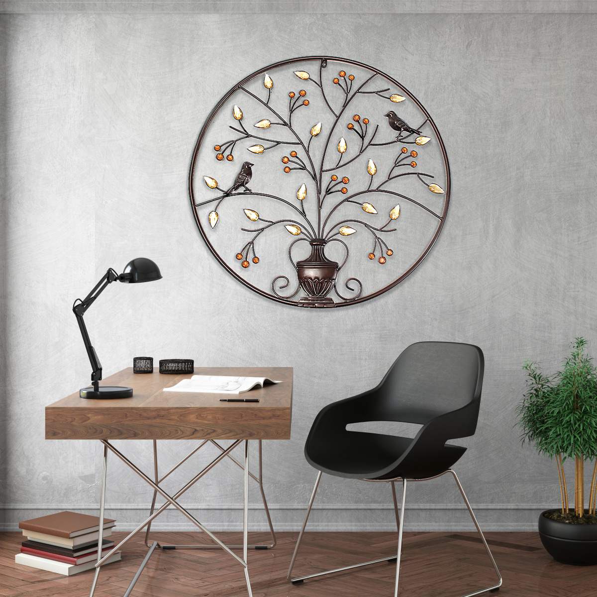 Zwarte Vogels Boom Metalen Ijzeren Sculptuur Ornament Voor Thuis Kamer Muur Opknoping Decoratie Kunst Ambachten 62Cm/24.4Inch