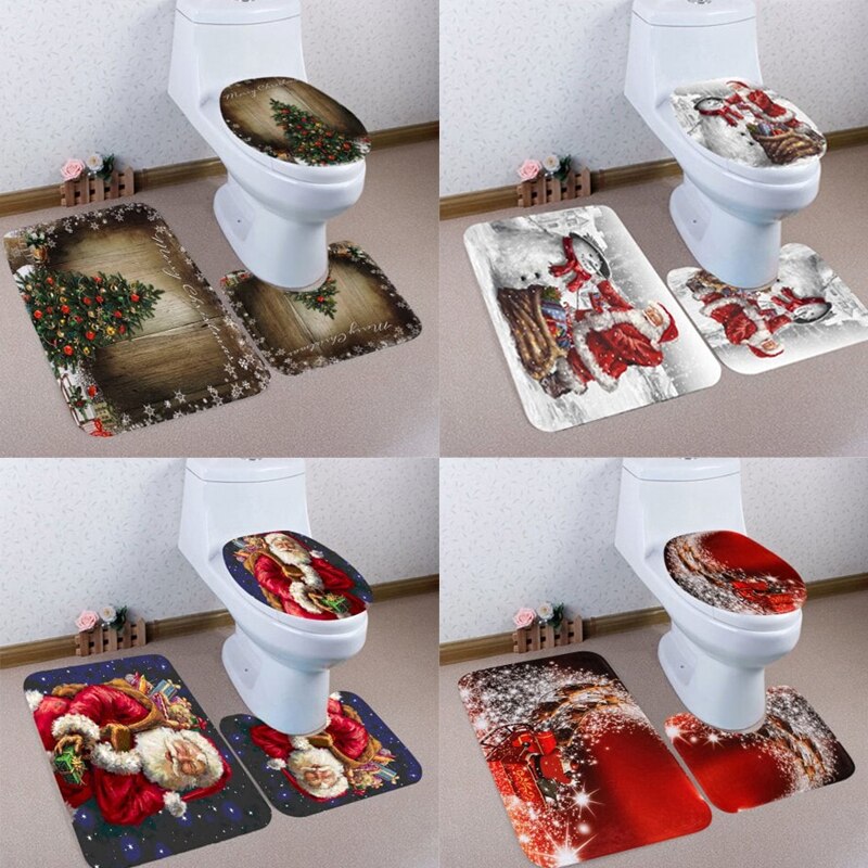 3 stuks Kerstman Toilet Seat Cover Tapijt Kerst Badkamer Set Home Decorations