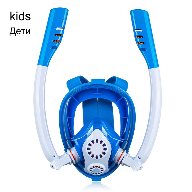 Diving Mask Underwater Scuba Anti Fog Full Face Snorkeling Mask Adult Kids Full Dry Double Tube Breathing Swimming Equipment: kids blue / S/M