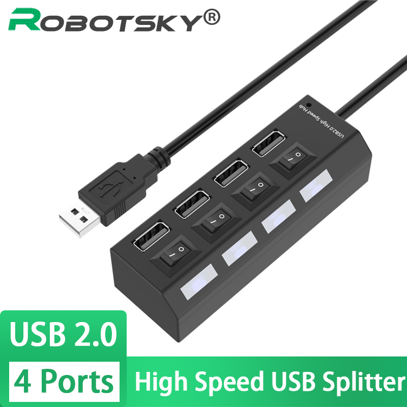 Robotsky Usb 2.0 Hub 4 Port High Speed Usb Splitter Met Led Indicator Aan/Uit Schakelaar Voor Desktop Notebook laptop