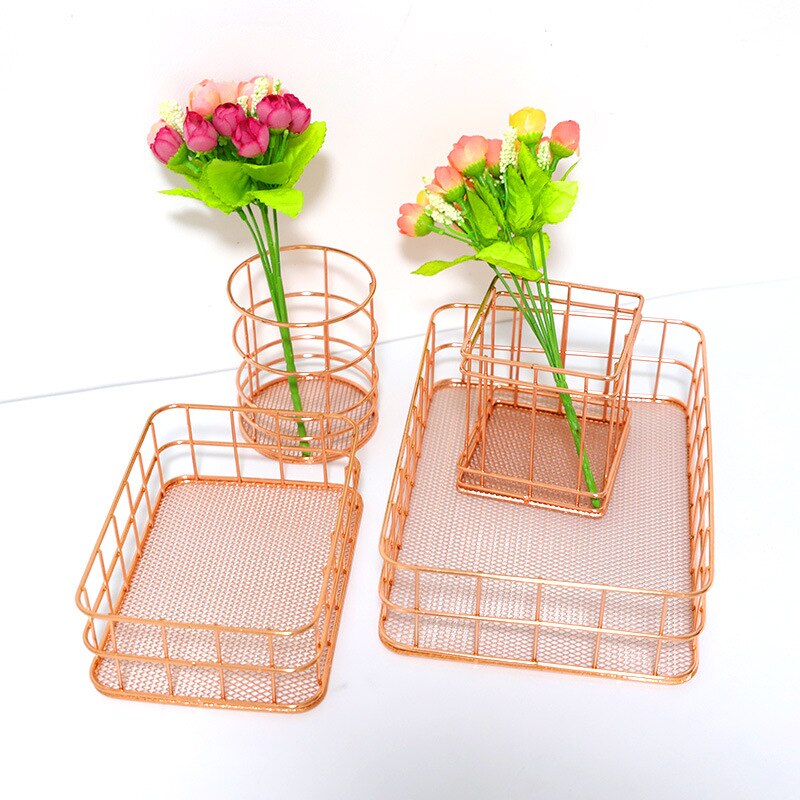 Panier de rangement nordique en fer forgé porte-stylo, panier de rangement en fond de bureau en métal, or Rose, papeterie et finition