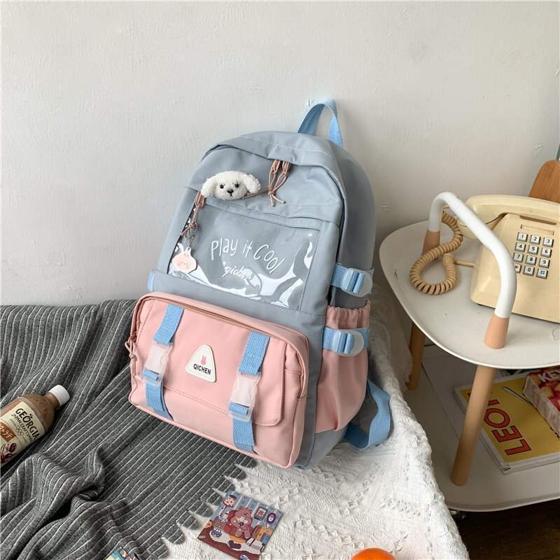 Waterdichte Badge Ita Vrouwen Rugzak Transparante Contrast Kleur College Gilrs Schooltassen Vrouwelijke Flap Multi-Pocket Laptop Rugzak: SkyBlue
