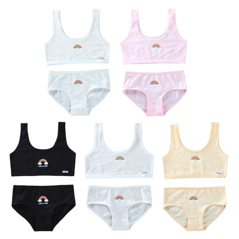 Teenage Young Girls 2Pcs Underwear Set Rainbow Bridge Print Cotton Training Bra Vest Top and Panties Sports Bralette