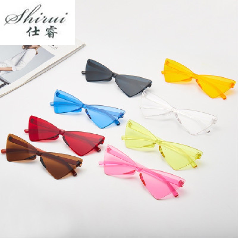 Frameless Cat Eye Sunglasses Women Triangle Small Size Frame Eyewear Reb Blue Green Lens Sun Glasses UV400