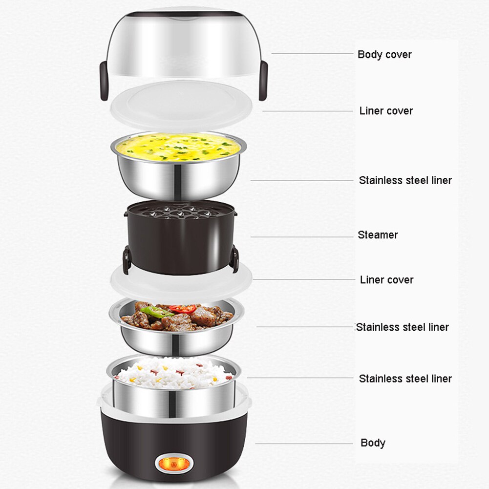 Mini Electric Rice Cooker Stainless Steel 2/3 Layers Steamer Portable Meal Thermal Heating Lunch Box Food Container Warmer