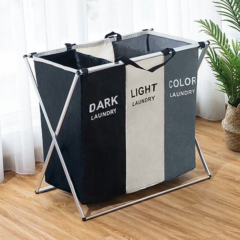 X-form snavset vasketøjskurv tøjarrangør trykt sammenklappeligt sammenklappeligt hjemmelavet sorter: 3 g sort-blå-hvid