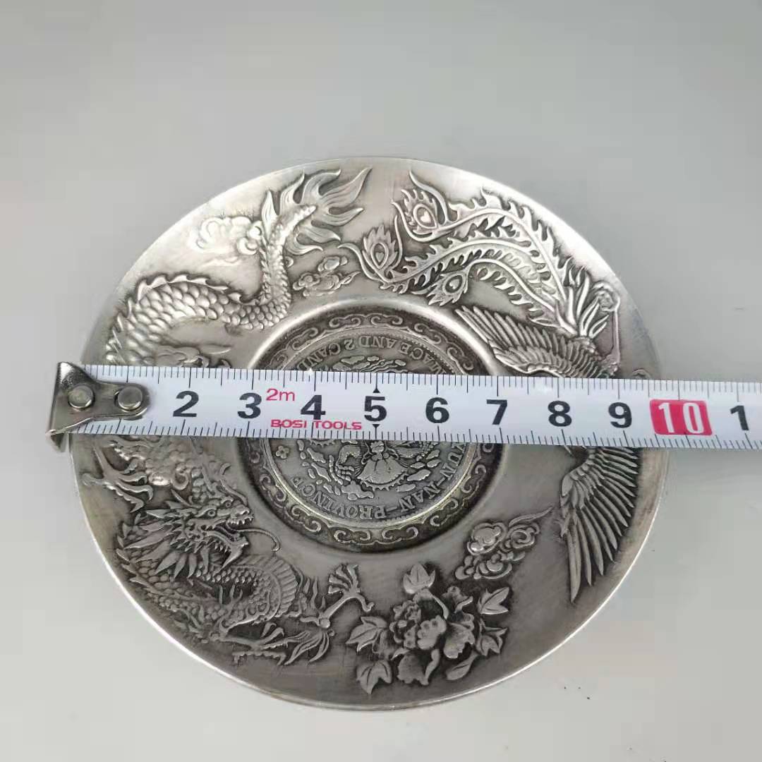 Exquisite Old Chinese Decorated Handwork Tibetan Silver Dragon Phoenix Plate