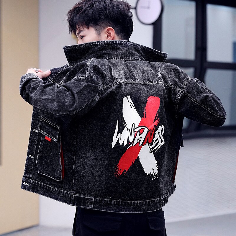 Jeansjacka herr koreansk trendig vinter retro smal vår höst broderi tiggare sliten hål tunn jacka: 917 / Xxxl
