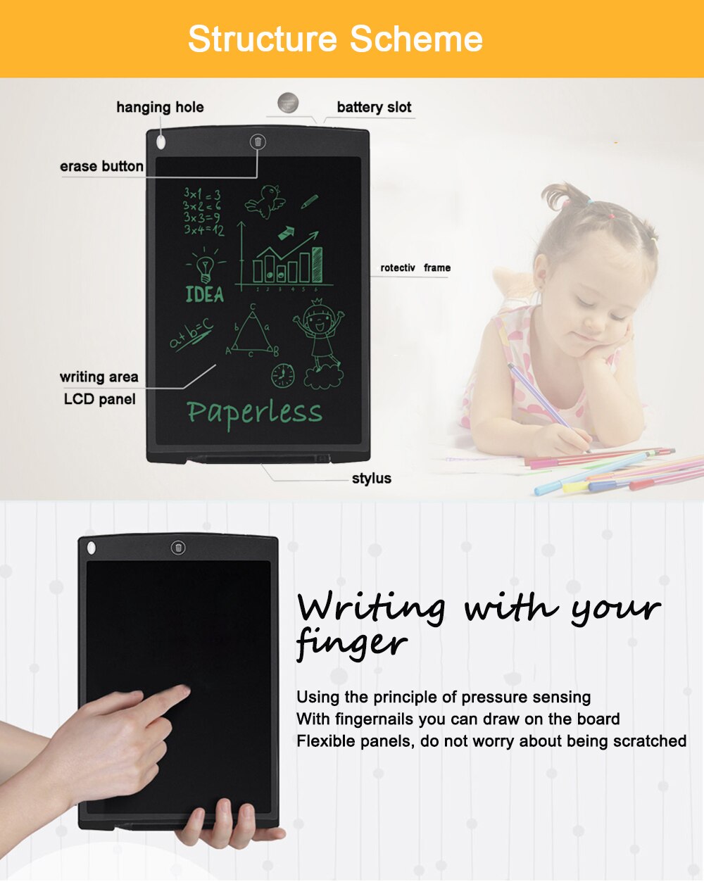 Tablette LCD ultra-fine pour dessin et écriture à la main, planche électronique Portable, 12 pouces, pour enfants