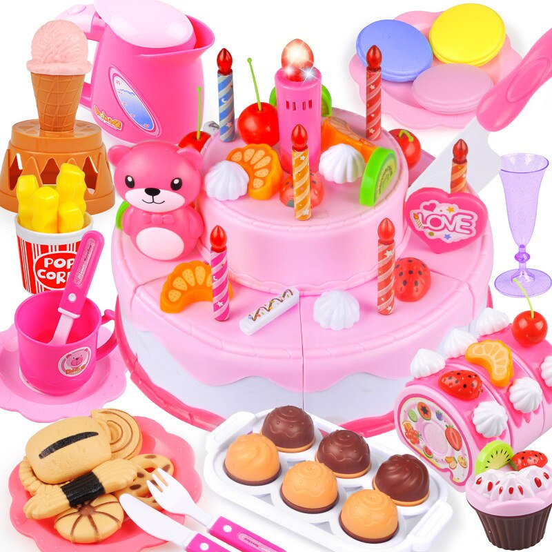 37-80PCS DIY Fruit Cutting Pretend Play Birthday Cake Girls Kitchen Food Toys Cocina De Juguete Pink Blue Toy For Children