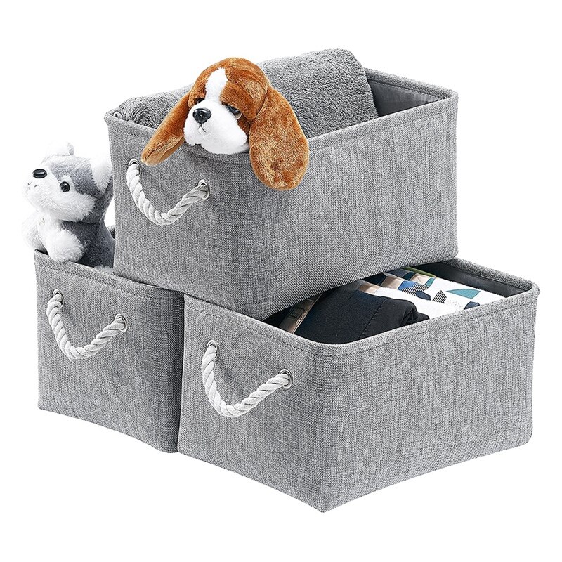 Fabric Storage Box, Foldable Linen Large Storage Baskets for Nursery, Closet and Wardrobe, Set of 3, Gray