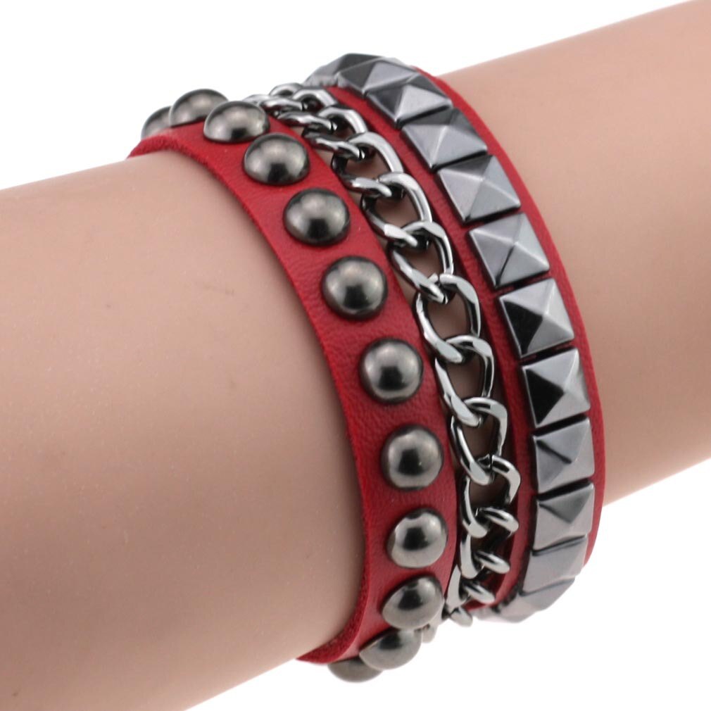 Gelaagde Leather Studded Armband Mannen Vrouwen Punk Band Rock Bangle Goth Sieraden Cosplay Emo Gothic Accessoires: red