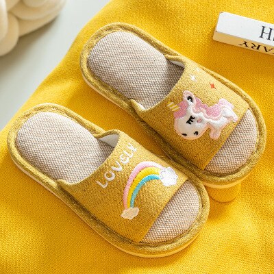 nouveaux enfants pantoufles garçon fille lin chambre tongs licorne chaussures coton pantoufles enfants hiver bébé dessin animé maison chaussures: yellow / 20