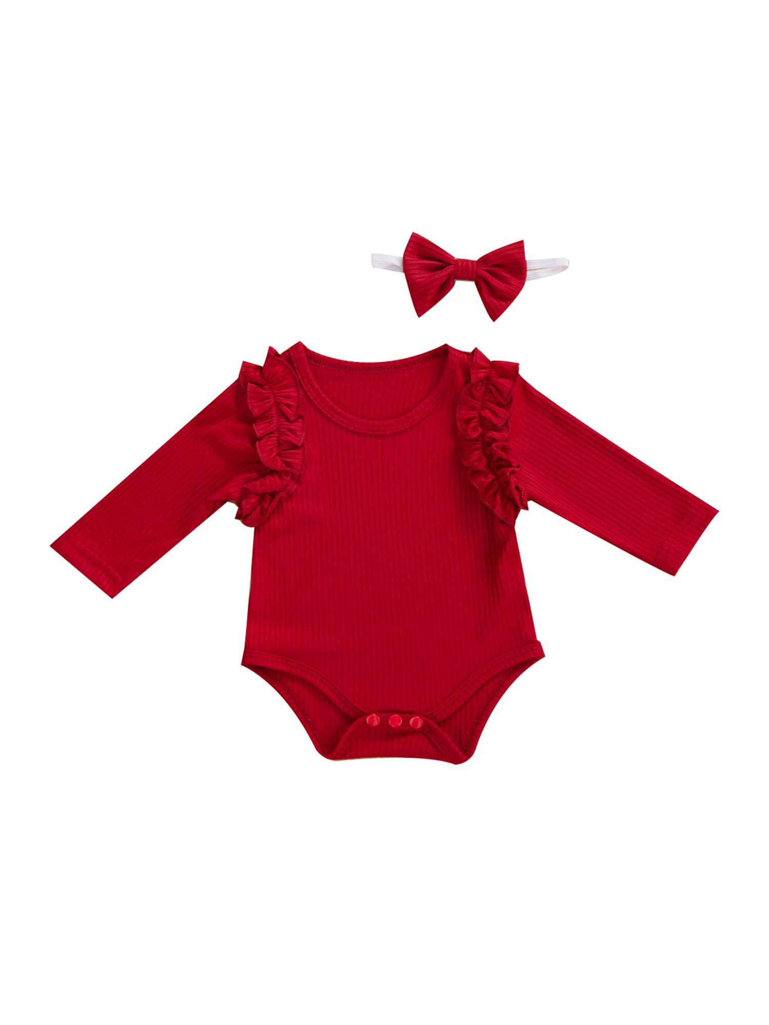 Imcute 5 couleurs automne bébé barboteuse avec bandeau couleur unie col rond à manches longues combinaison et chapeaux pour filles garçons: Rouge / 6M