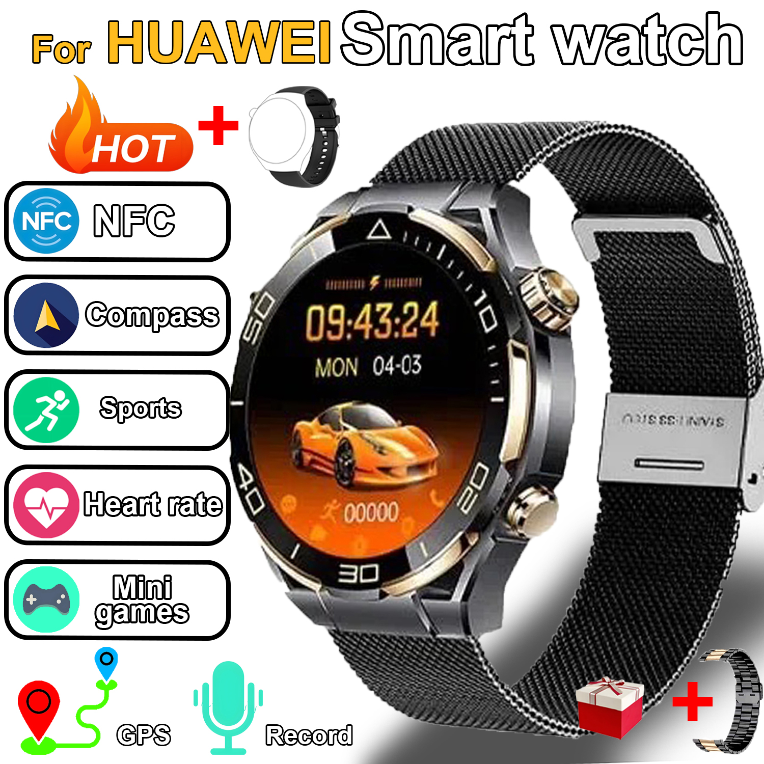 Nowy inteligentny zegarek sportowy dla mężczyzn 420mAh Kompas GPS NFC BT Monitorowanie tętna Smartwatch dla Huawei 2025 sprytny zegarek: Niebieski