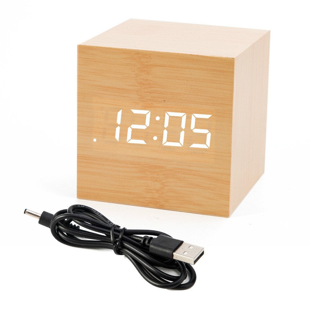 ! mini digital trä led väckarklocka trä retro glöd klocka skrivbord bord dekor röststyrning snooze funktion skrivbord kalender: Bambusträ vit