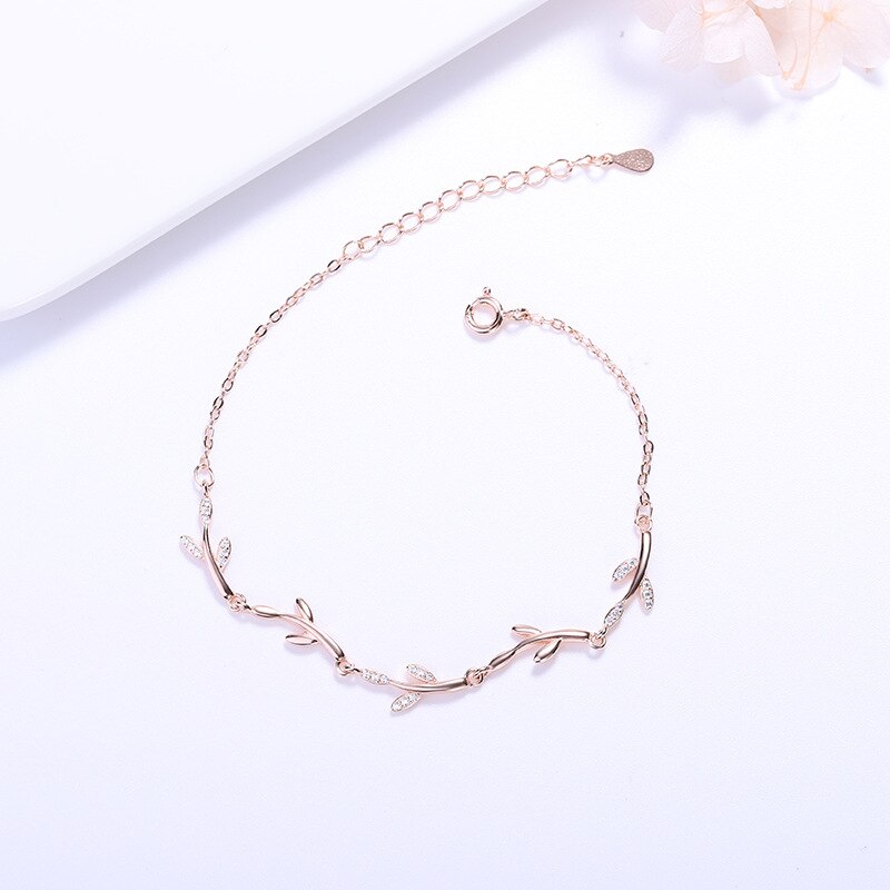 Pulseira de folhas s925 pulseira de prata pequena e pura e fresca, temperamento, folhas, bracelete pulseira de prata com meninas: Marrom Avermelhado