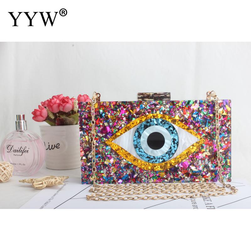 Acryl crossbody tas, dames clutch in de stijl van ogen, zilvergouden pailletten box clutches en handtassen met ketting, schoudertassen: Veelkleurig