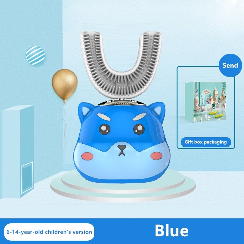 Cepillo de dientes eléctrico ultrasónico de grado alimenticio cabezal de cepillo de silicona para niños 360 grados de dibujos animados Linda mascota en forma de U cuidado de los dientes: blue6-14